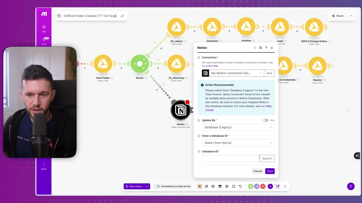 Notion module settings in Make.com showing the connection, database selection, and field mapping