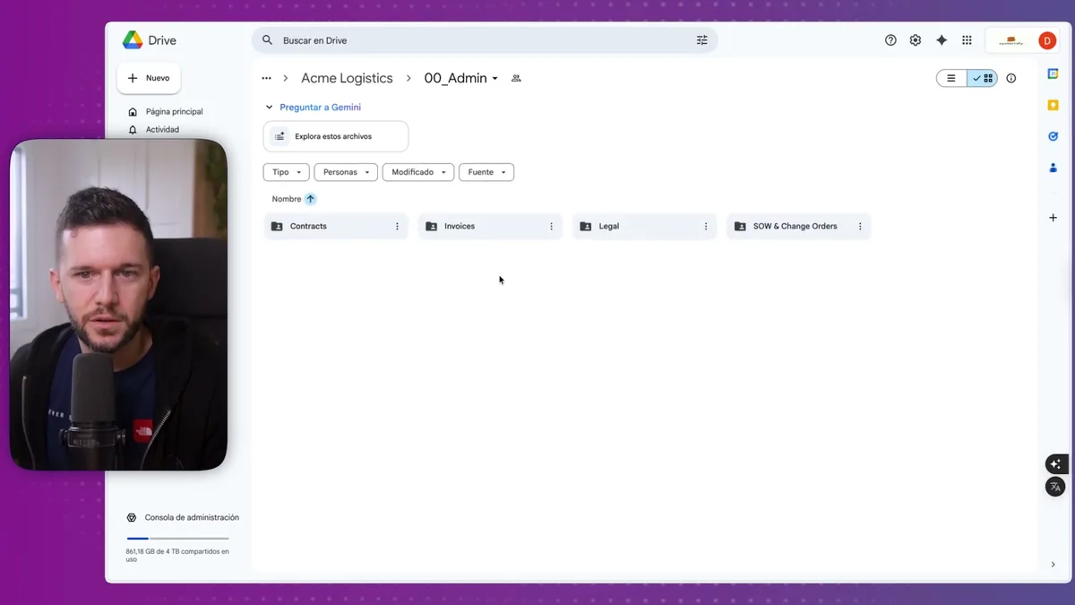 Google Drive showing the automated folder structure: Acme Logistics > 00_Admin with Contracts, Invoices, Legal, and SOW subfolders