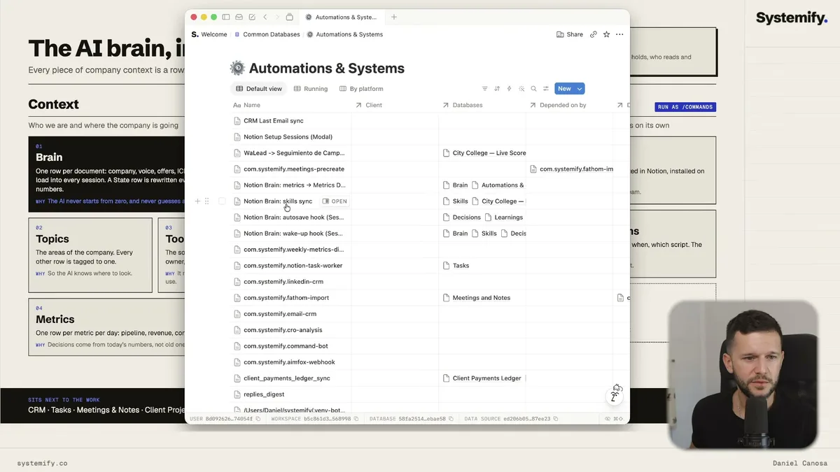 Automations and Systems database showing CRM sync, skills sync, task worker, and email CRM entries