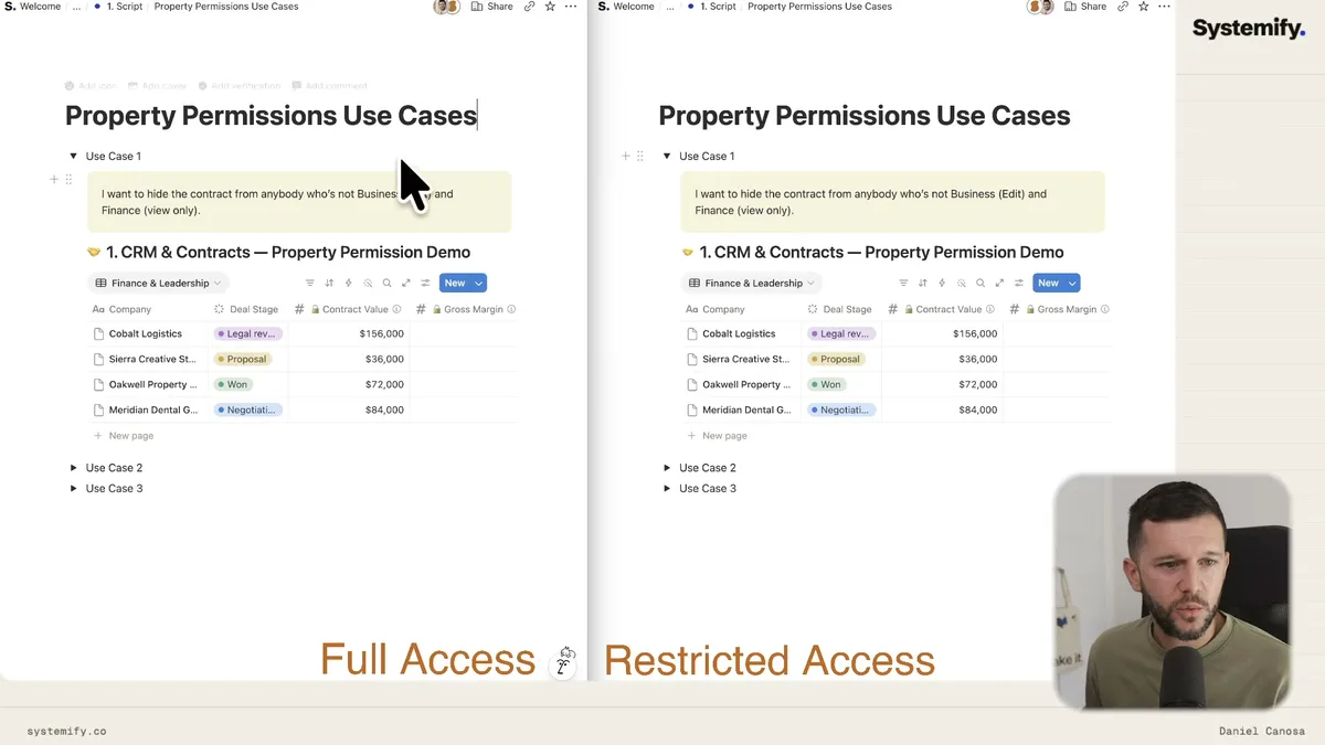 Split-screen comparison of full access versus restricted access views in a property permissions demo