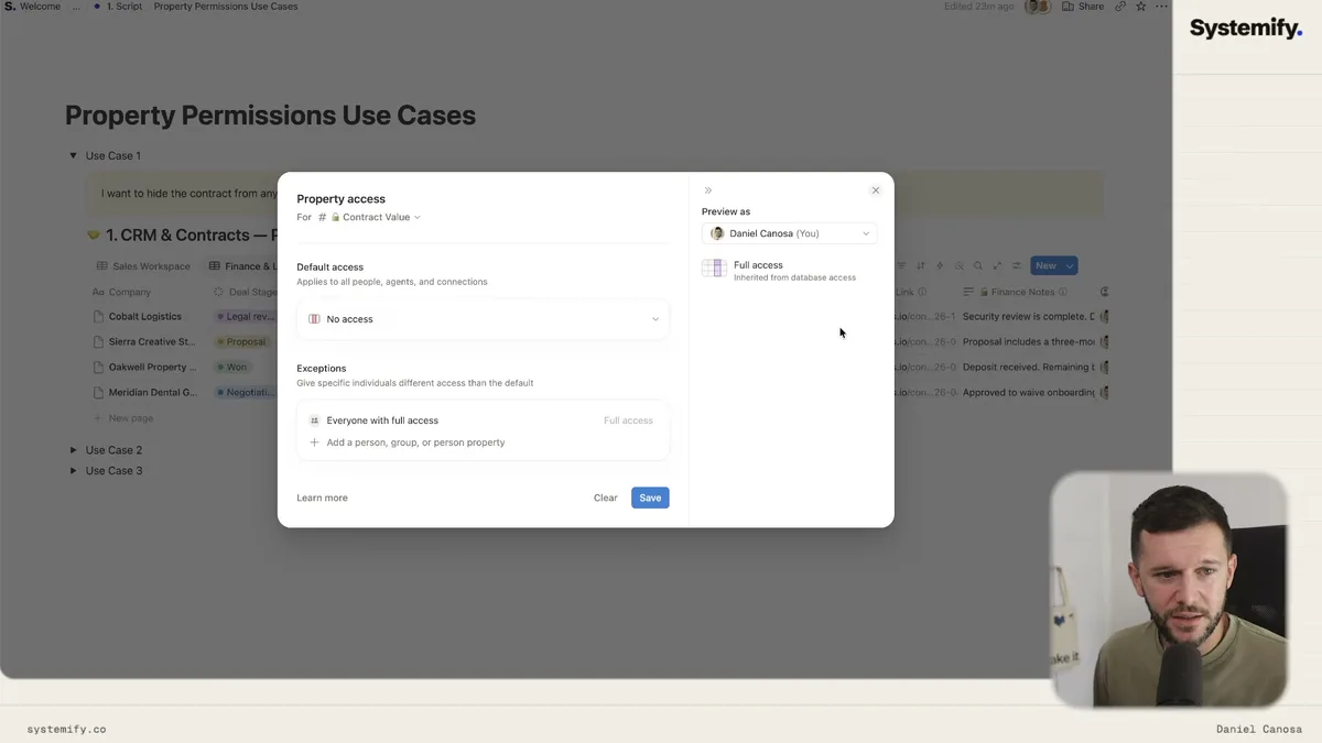 Configuring property access permissions for the Contract Value field in a CRM contracts database