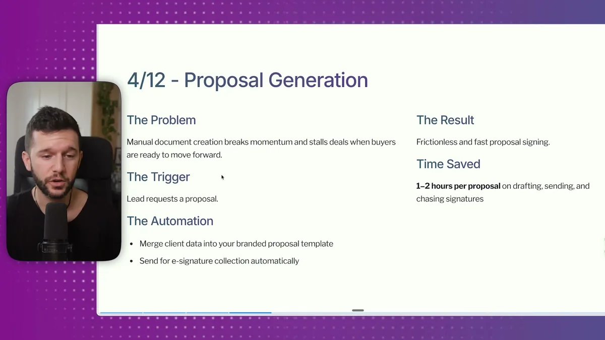 Proposal generation automation workflow showing how to merge client data into branded templates and automatically send for e-signature collection