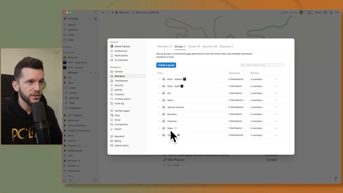 Notion Groups tab showing member groups management interface with options to create groups and view group details including teamspaces and member counts