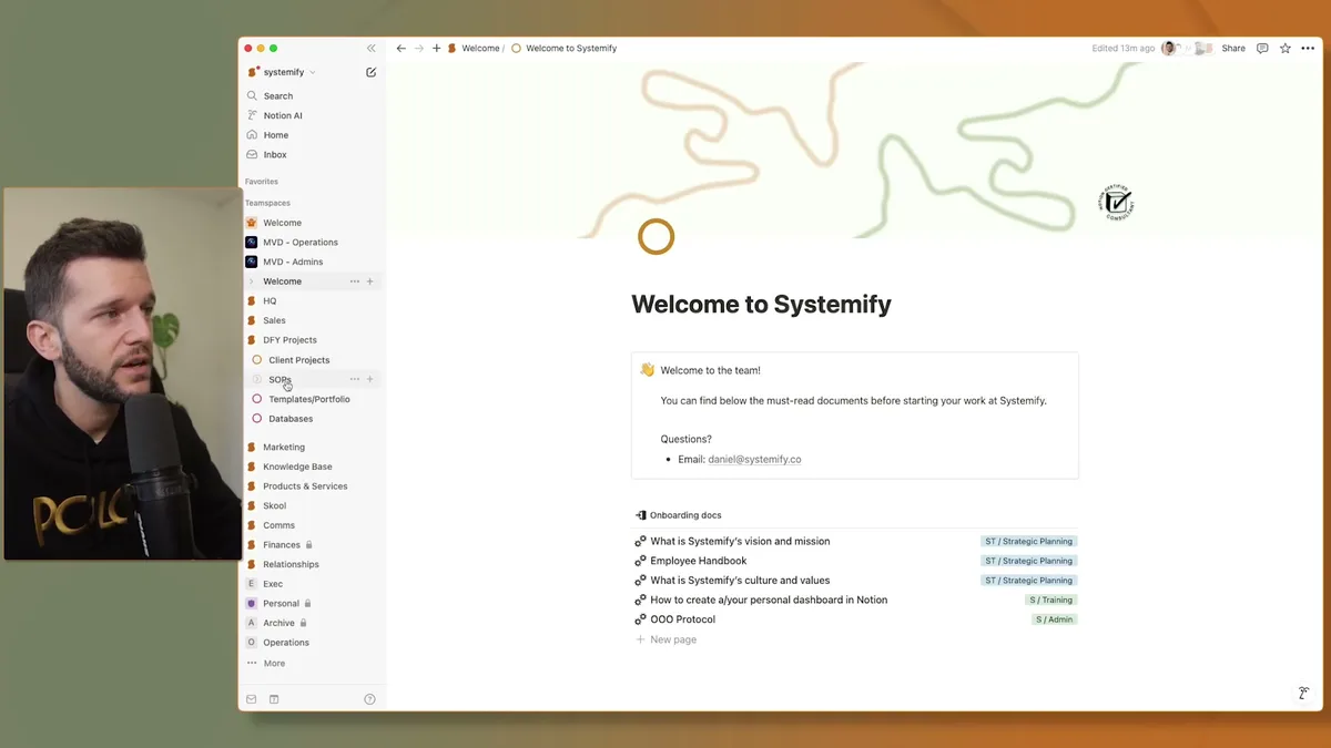 Team workspace sidebar showing Databases section with multiple linked views including HQ, Sales, DFY Projects, Client Projects, SOPs, Templates/Portfolio, and other organizational databases