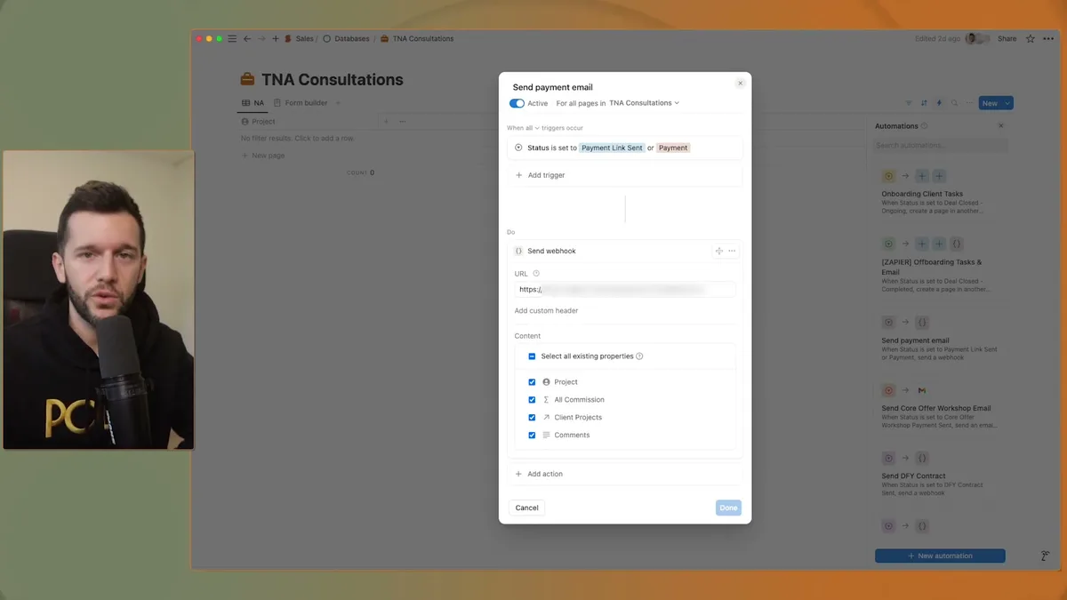Automation workflow setup showing the 'Send payment email' trigger configuration with webhook action and Zapier integration in the backend automations panel