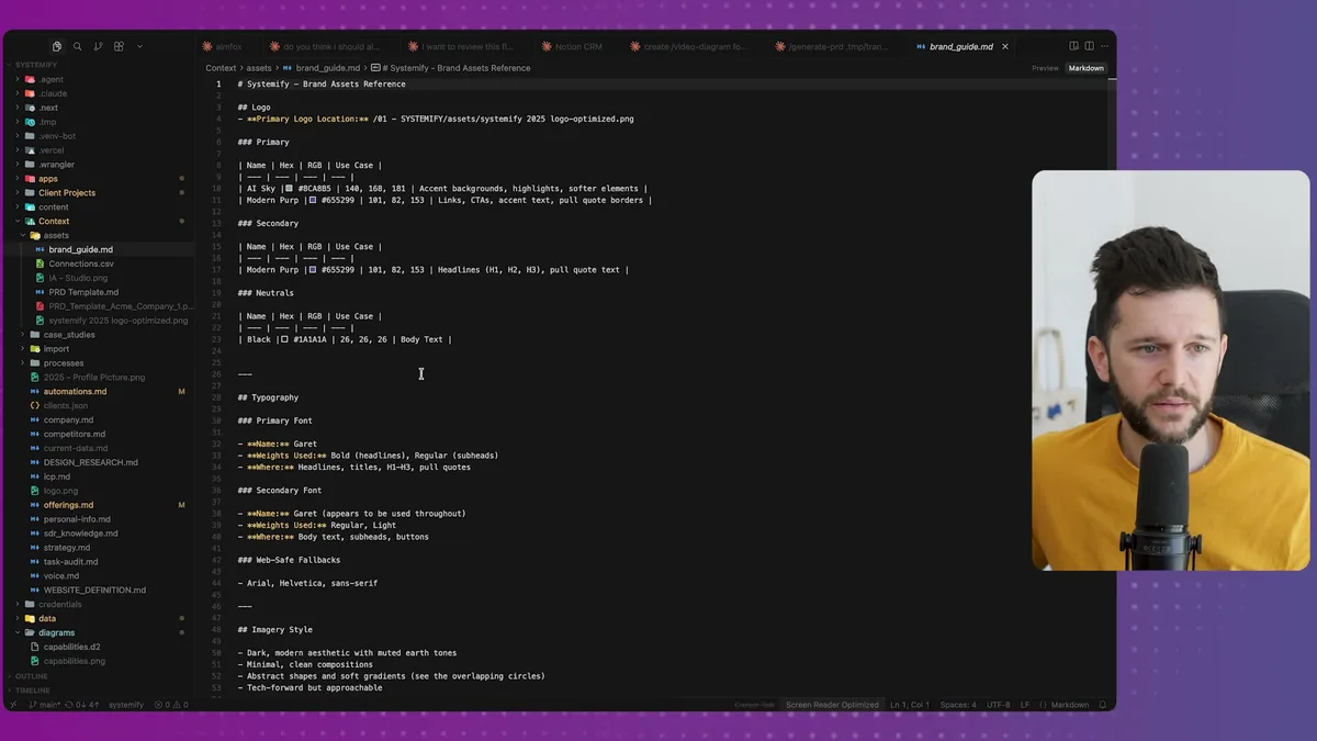 Cloud Code offerings.md markdown file showing service configuration structure with logo, primary/secondary colors, typography, and imagery style definitions for matching services to client needs
