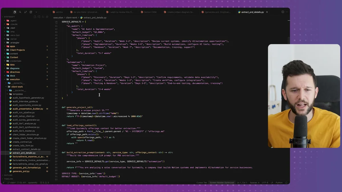 Extract PRD Details Python script showing service defaults configuration and data extraction logic for AI-powered PRD generation